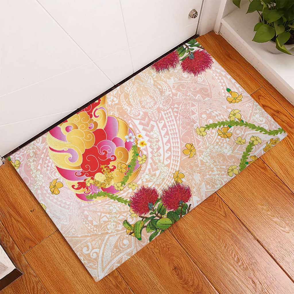 Japanese and Hawaiian Culture Fusion Rubber Doormat Irezumi with Turtles and Lei Kakau Pattern Sunset Vibe
