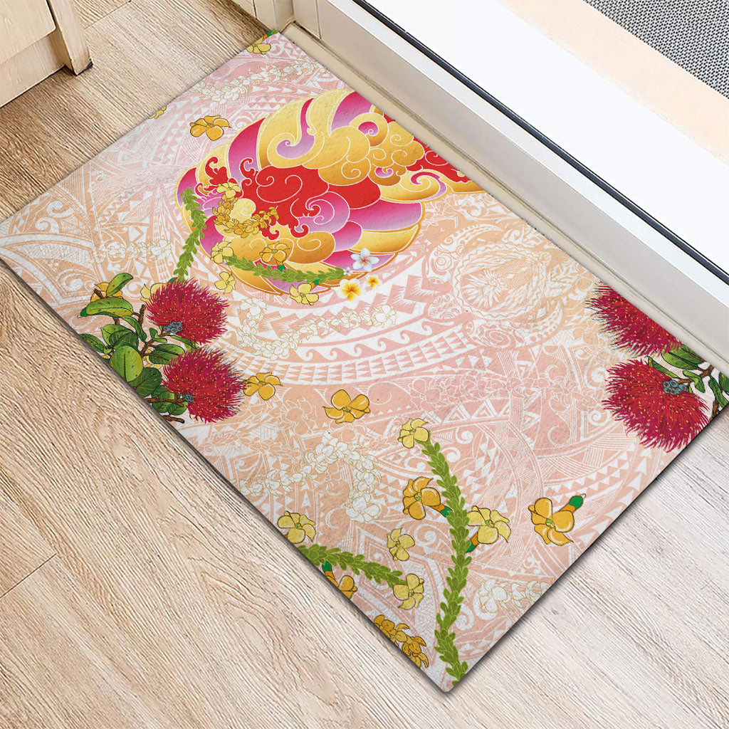 Japanese and Hawaiian Culture Fusion Rubber Doormat Irezumi with Turtles and Lei Kakau Pattern Sunset Vibe
