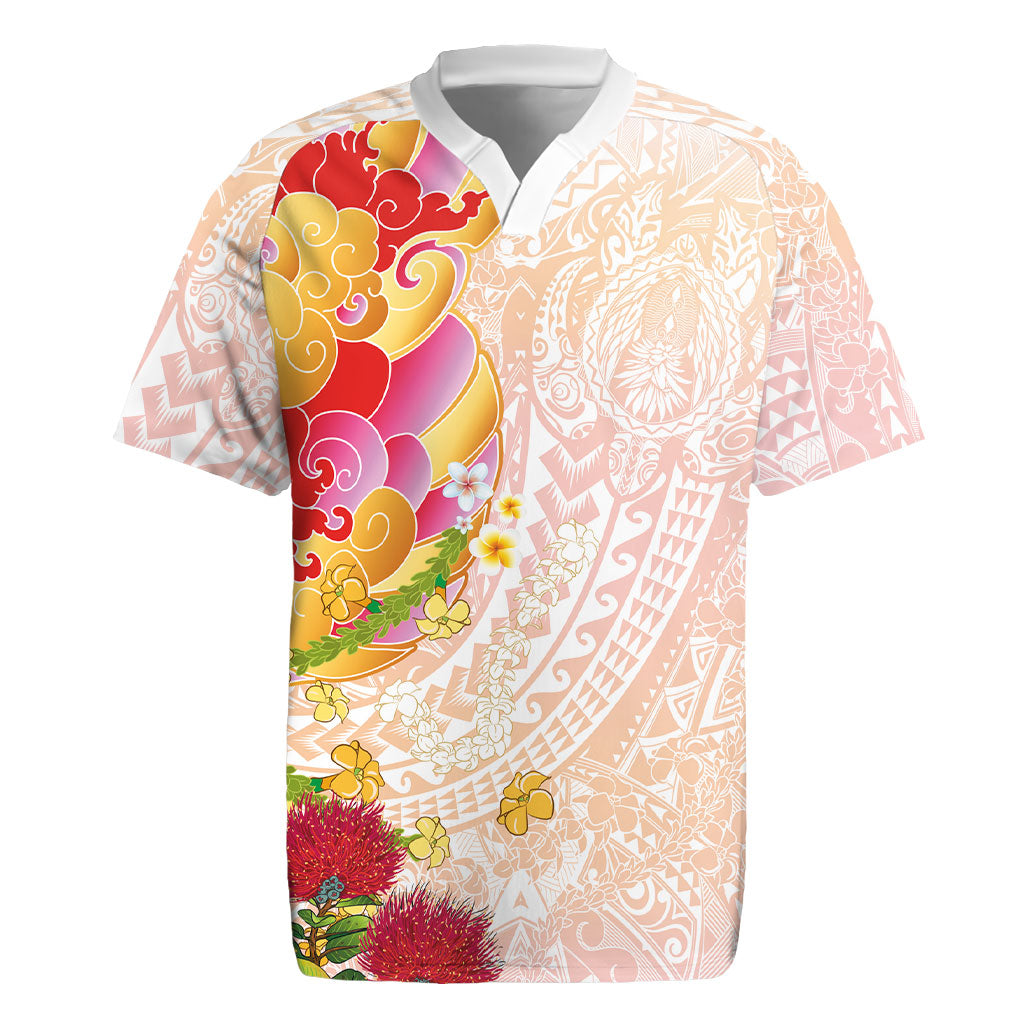 Japanese and Hawaiian Culture Fusion Rugby Jersey Irezumi with Turtles and Lei Kakau Pattern Sunset Vibe LT03 Multicolor - Polynesian Pride