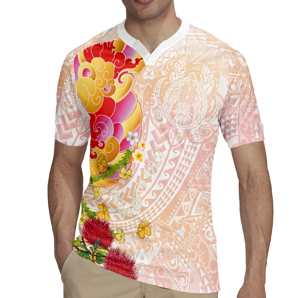 Japanese and Hawaiian Culture Fusion Rugby Jersey Irezumi with Turtles and Lei Kakau Pattern Sunset Vibe