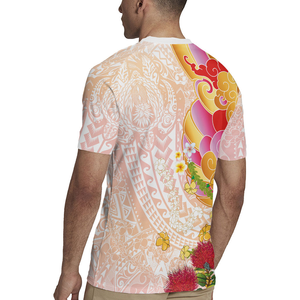 Japanese and Hawaiian Culture Fusion Rugby Jersey Irezumi with Turtles and Lei Kakau Pattern Sunset Vibe