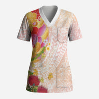 Japanese and Hawaiian Culture Fusion Scrub Top Irezumi with Turtles and Lei Kakau Pattern Sunset Vibe