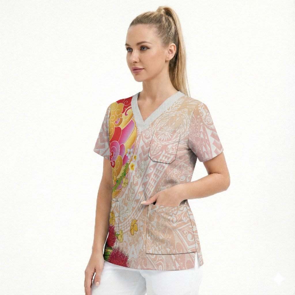 Japanese and Hawaiian Culture Fusion Scrub Top Irezumi with Turtles and Lei Kakau Pattern Sunset Vibe