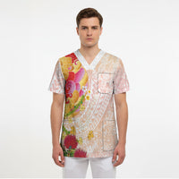 Japanese and Hawaiian Culture Fusion Scrub Top Irezumi with Turtles and Lei Kakau Pattern Sunset Vibe
