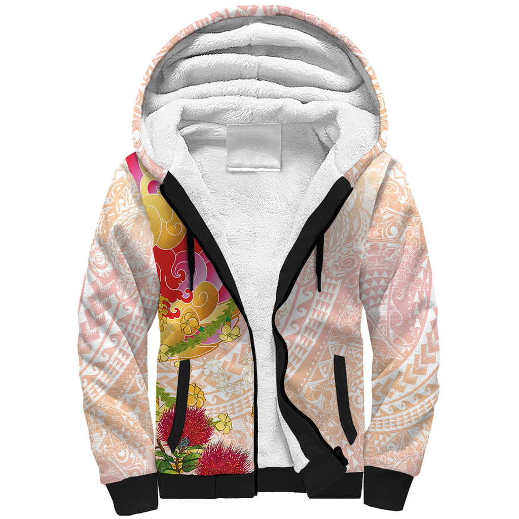 Japanese and Hawaiian Culture Fusion Sherpa Hoodie Irezumi with Turtles and Lei Kakau Pattern Sunset Vibe