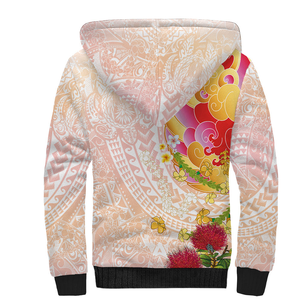 Japanese and Hawaiian Culture Fusion Sherpa Hoodie Irezumi with Turtles and Lei Kakau Pattern Sunset Vibe