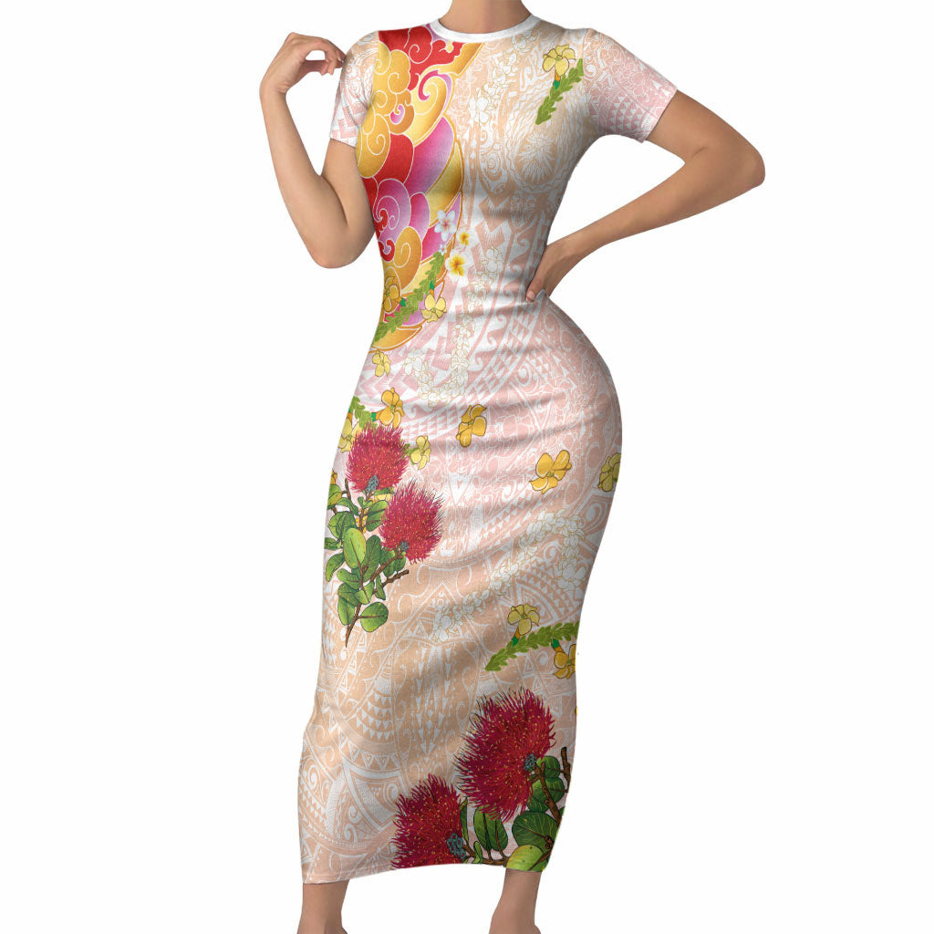 Japanese and Hawaiian Culture Fusion Short Sleeve Bodycon Dress Irezumi with Turtles and Lei Kakau Pattern Sunset Vibe