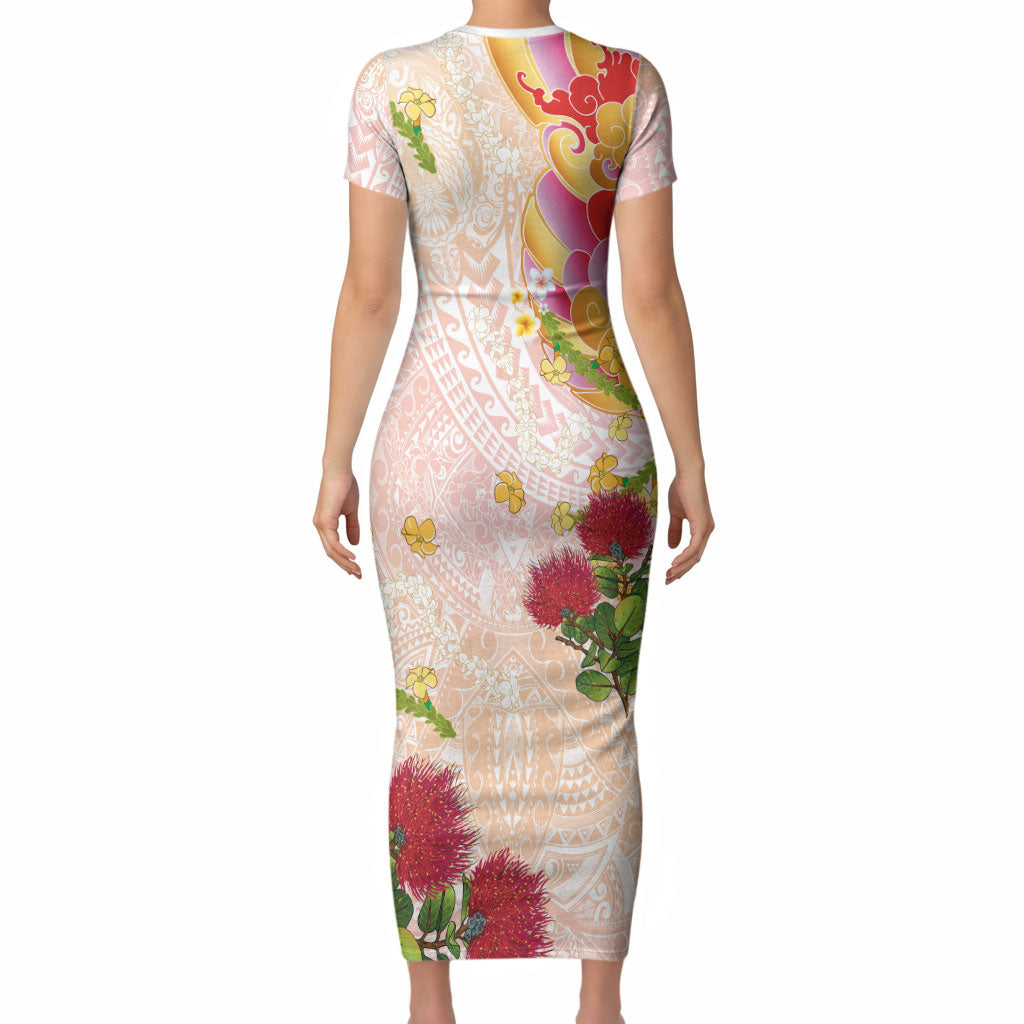 Japanese and Hawaiian Culture Fusion Short Sleeve Bodycon Dress Irezumi with Turtles and Lei Kakau Pattern Sunset Vibe