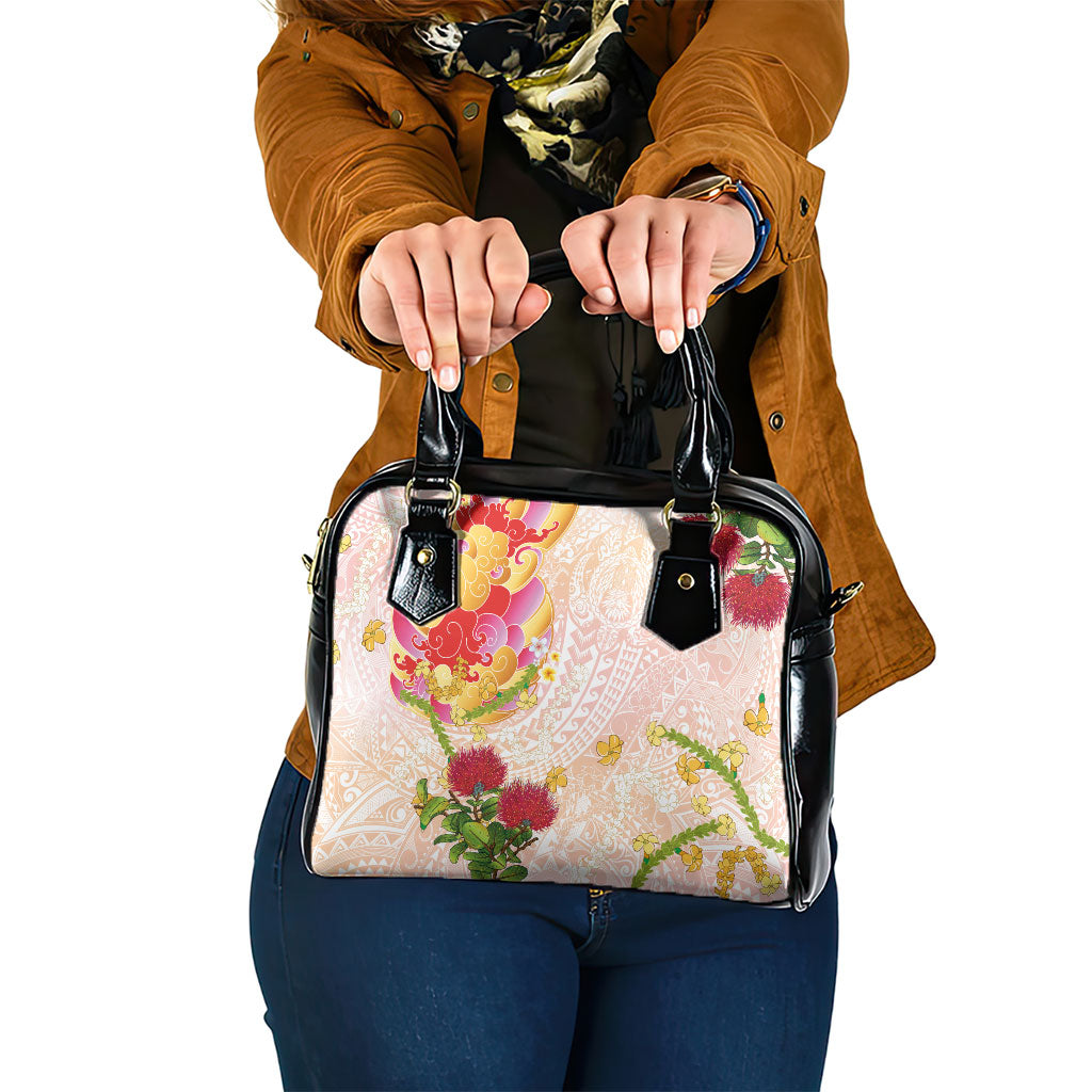 Japanese and Hawaiian Culture Fusion Shoulder Handbag Irezumi with Turtles and Lei Kakau Pattern Sunset Vibe