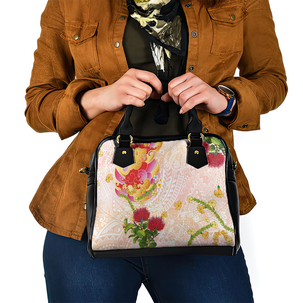 Japanese and Hawaiian Culture Fusion Shoulder Handbag Irezumi with Turtles and Lei Kakau Pattern Sunset Vibe