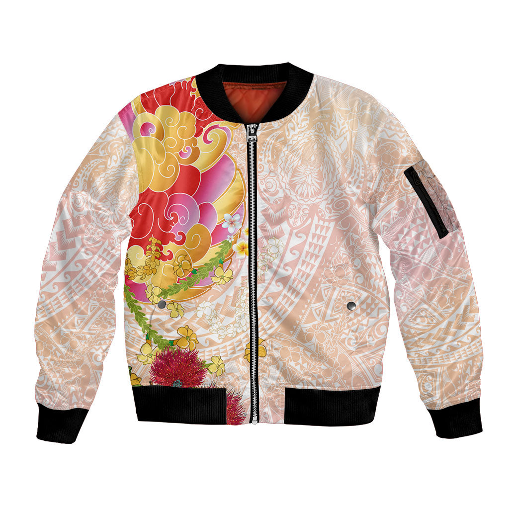Japanese and Hawaiian Culture Fusion Sleeve Zip Bomber Jacket Irezumi with Turtles and Lei Kakau Pattern Sunset Vibe