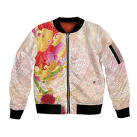 Japanese and Hawaiian Culture Fusion Sleeve Zip Bomber Jacket Irezumi with Turtles and Lei Kakau Pattern Sunset Vibe