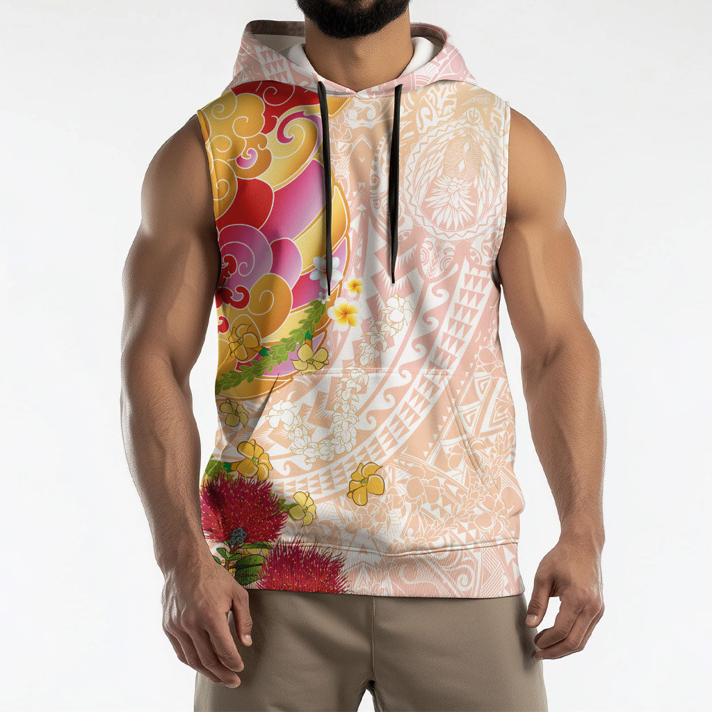 Japanese and Hawaiian Culture Fusion Sleeveless Hoodie Irezumi with Turtles and Lei Kakau Pattern Sunset Vibe