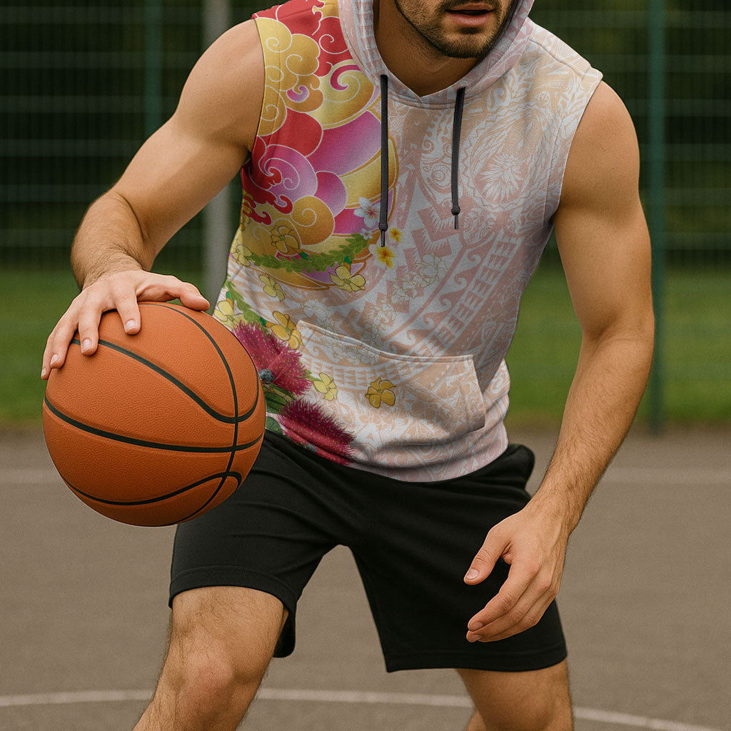 Japanese and Hawaiian Culture Fusion Sleeveless Hoodie Irezumi with Turtles and Lei Kakau Pattern Sunset Vibe