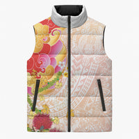 Japanese and Hawaiian Culture Fusion Sleeveless Puffer Jacket Irezumi with Turtles and Lei Kakau Pattern Sunset Vibe
