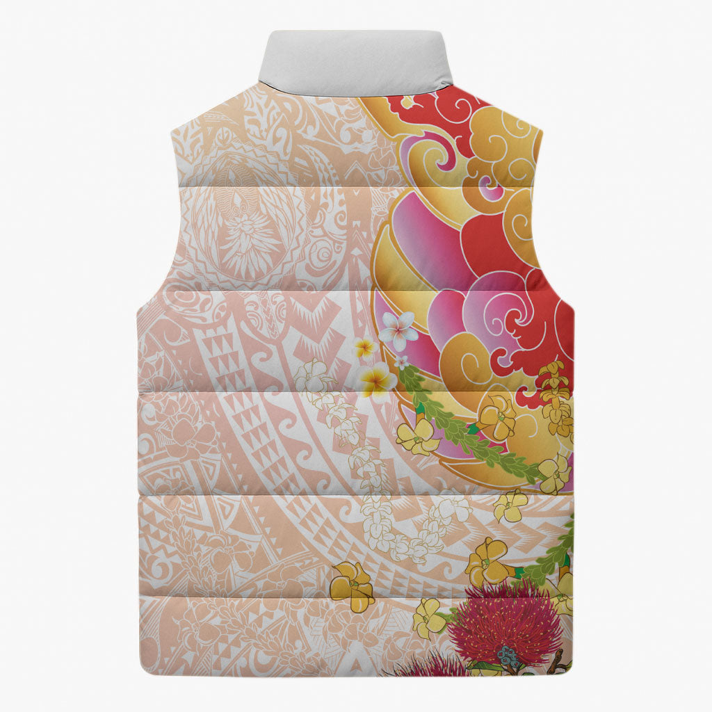 Japanese and Hawaiian Culture Fusion Sleeveless Puffer Jacket Irezumi with Turtles and Lei Kakau Pattern Sunset Vibe