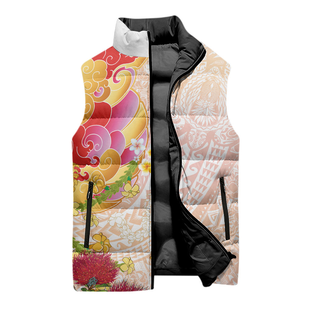 Japanese and Hawaiian Culture Fusion Sleeveless Puffer Jacket Irezumi with Turtles and Lei Kakau Pattern Sunset Vibe