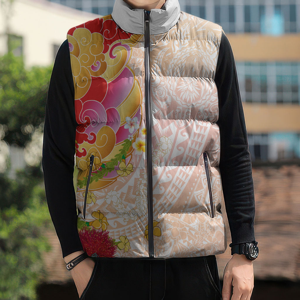 Japanese and Hawaiian Culture Fusion Sleeveless Puffer Jacket Irezumi with Turtles and Lei Kakau Pattern Sunset Vibe