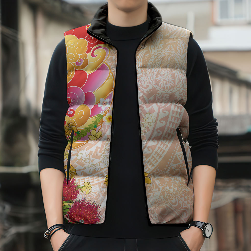 Japanese and Hawaiian Culture Fusion Sleeveless Puffer Jacket Irezumi with Turtles and Lei Kakau Pattern Sunset Vibe