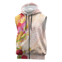 Japanese and Hawaiian Culture Fusion Sleeveless Zip Hoodie Irezumi with Turtles and Lei Kakau Pattern Sunset Vibe