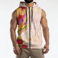 Japanese and Hawaiian Culture Fusion Sleeveless Zip Hoodie Irezumi with Turtles and Lei Kakau Pattern Sunset Vibe
