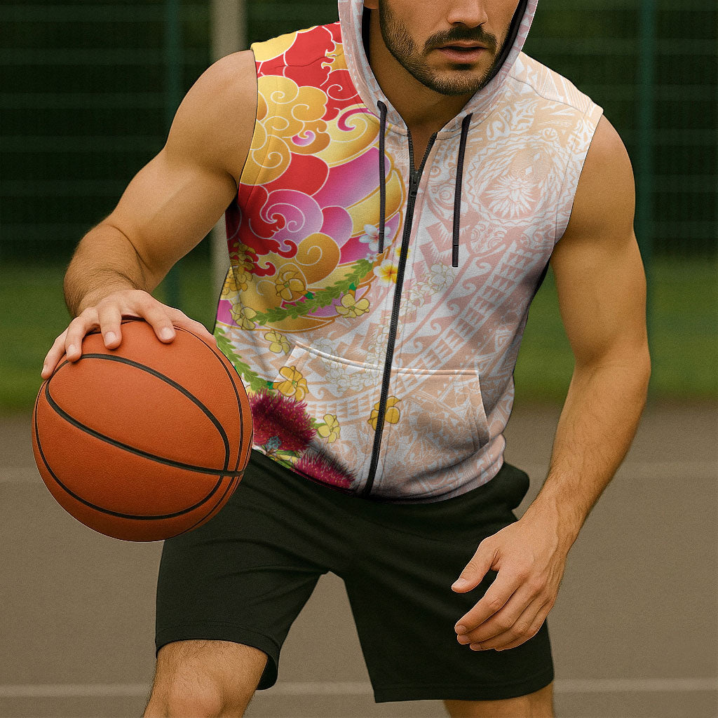 Japanese and Hawaiian Culture Fusion Sleeveless Zip Hoodie Irezumi with Turtles and Lei Kakau Pattern Sunset Vibe