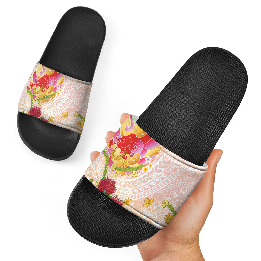 Japanese and Hawaiian Culture Fusion Slide Sandals Irezumi with Turtles and Lei Kakau Pattern Sunset Vibe