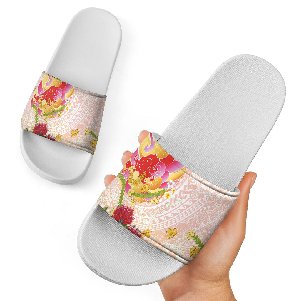 Japanese and Hawaiian Culture Fusion Slide Sandals Irezumi with Turtles and Lei Kakau Pattern Sunset Vibe