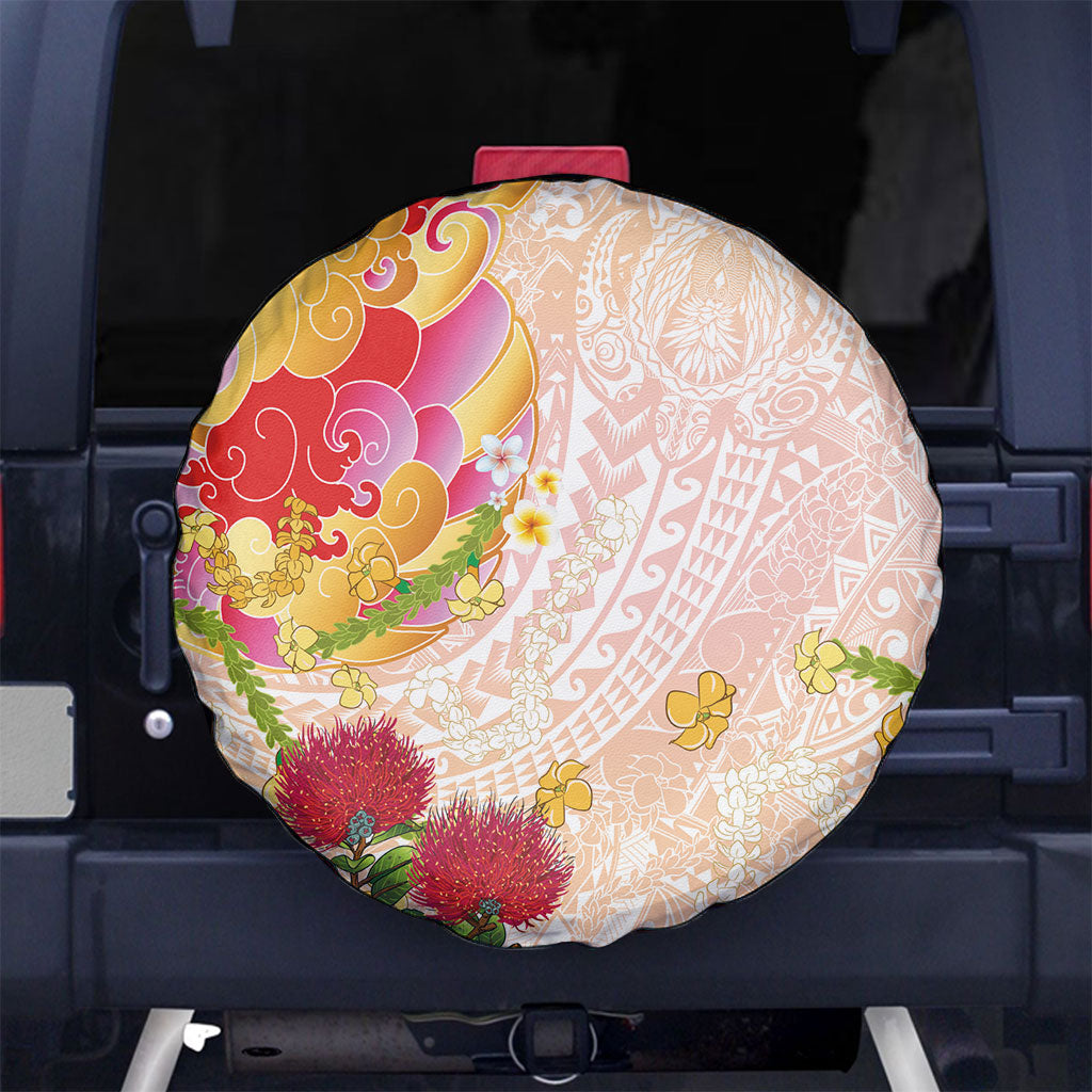 Japanese and Hawaiian Culture Fusion Spare Tire Cover Irezumi with Turtles and Lei Kakau Pattern Sunset Vibe