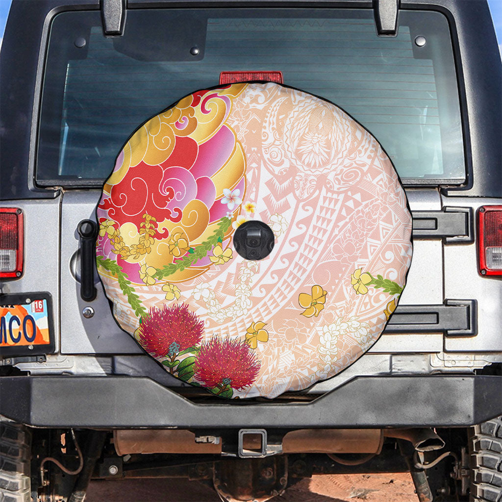 Japanese and Hawaiian Culture Fusion Spare Tire Cover Irezumi with Turtles and Lei Kakau Pattern Sunset Vibe