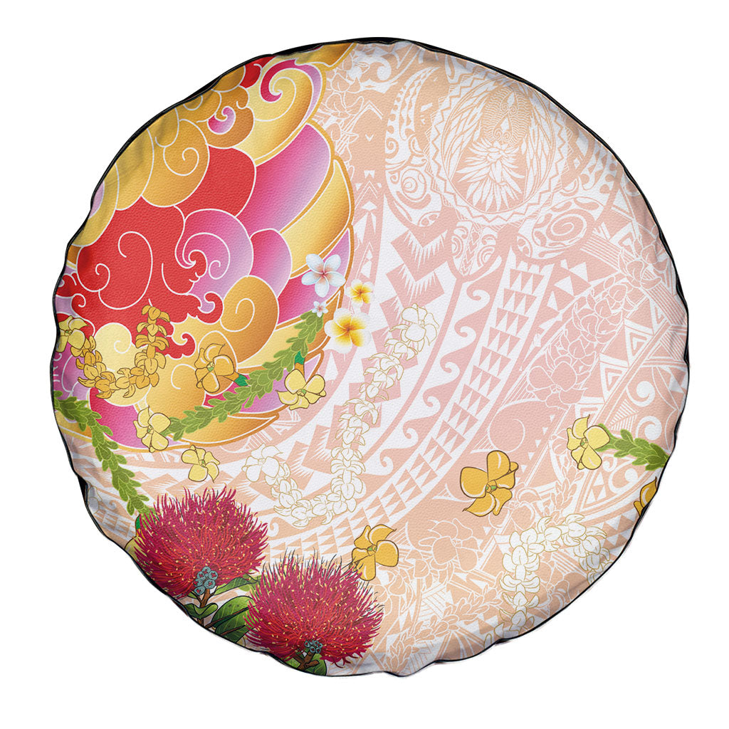 Japanese and Hawaiian Culture Fusion Spare Tire Cover Irezumi with Turtles and Lei Kakau Pattern Sunset Vibe