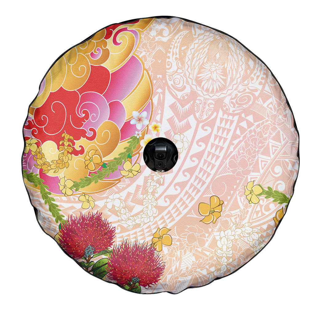 Japanese and Hawaiian Culture Fusion Spare Tire Cover Irezumi with Turtles and Lei Kakau Pattern Sunset Vibe