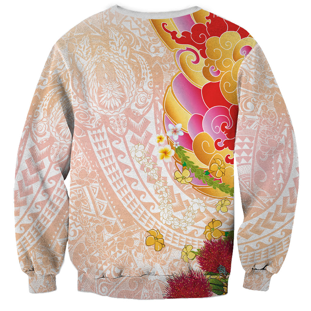 Japanese and Hawaiian Culture Fusion Sweatshirt Irezumi with Turtles and Lei Kakau Pattern Sunset Vibe