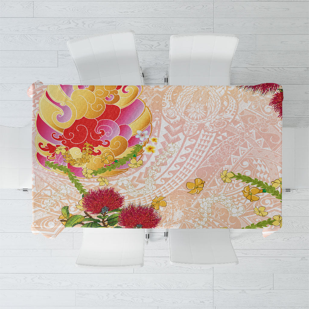 Japanese and Hawaiian Culture Fusion Tablecloth Irezumi with Turtles and Lei Kakau Pattern Sunset Vibe