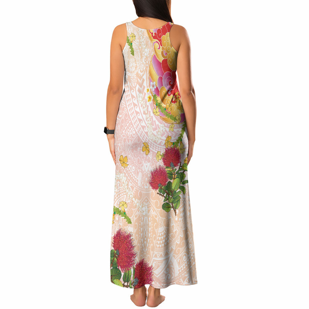 Japanese and Hawaiian Culture Fusion Tank Maxi Dress Irezumi with Turtles and Lei Kakau Pattern Sunset Vibe