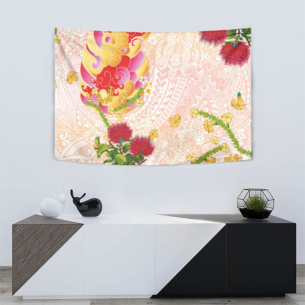 Japanese and Hawaiian Culture Fusion Tapestry Irezumi with Turtles and Lei Kakau Pattern Sunset Vibe