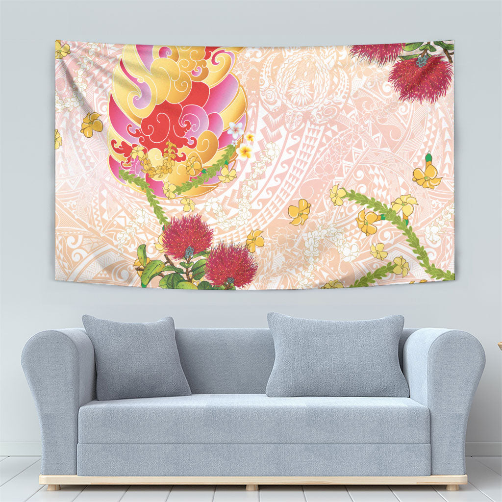Japanese and Hawaiian Culture Fusion Tapestry Irezumi with Turtles and Lei Kakau Pattern Sunset Vibe