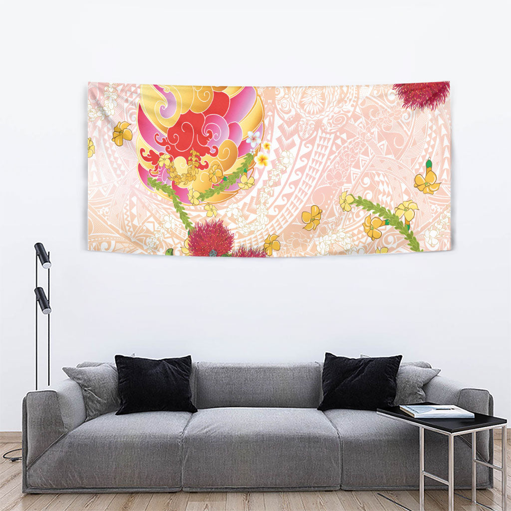 Japanese and Hawaiian Culture Fusion Tapestry Irezumi with Turtles and Lei Kakau Pattern Sunset Vibe