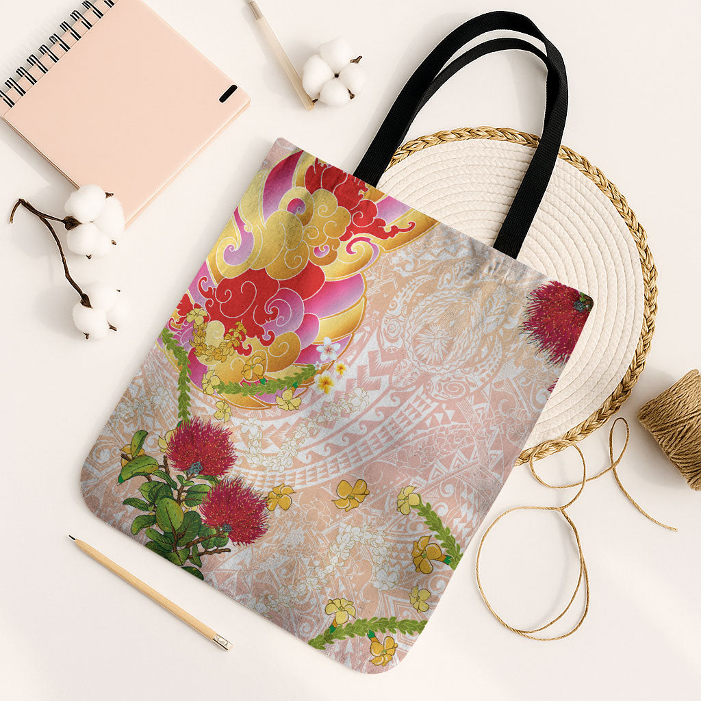 Japanese and Hawaiian Culture Fusion Tote Bag Irezumi with Turtles and Lei Kakau Pattern Sunset Vibe