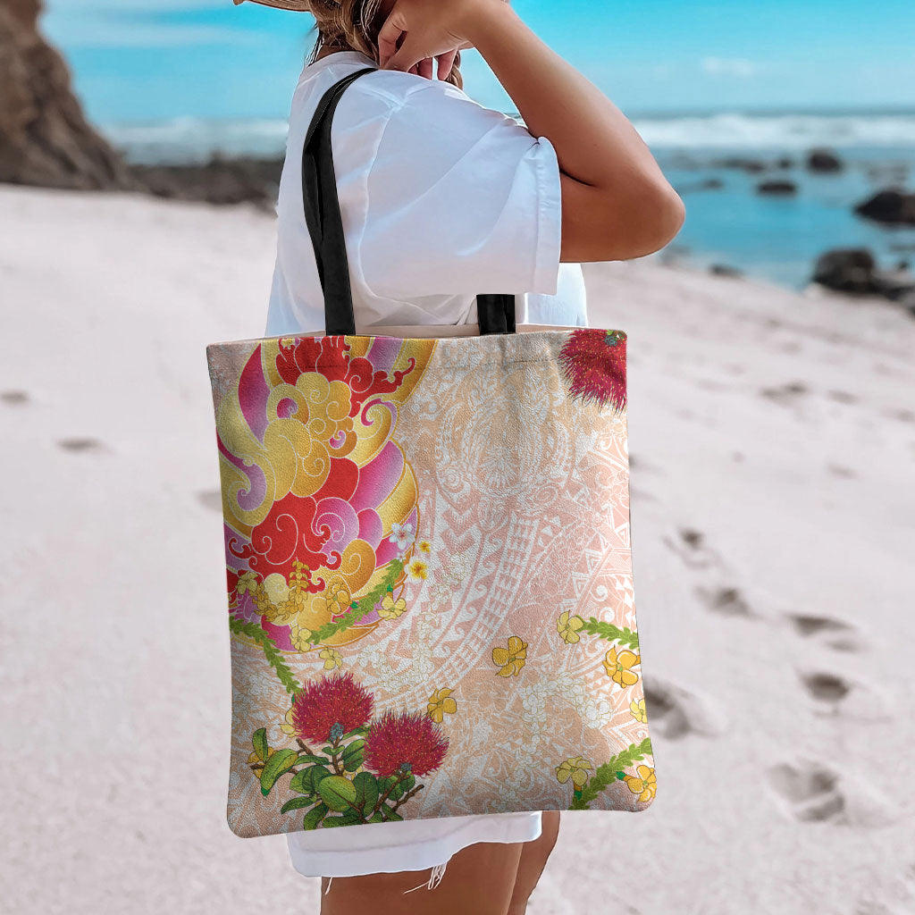 Japanese and Hawaiian Culture Fusion Tote Bag Irezumi with Turtles and Lei Kakau Pattern Sunset Vibe