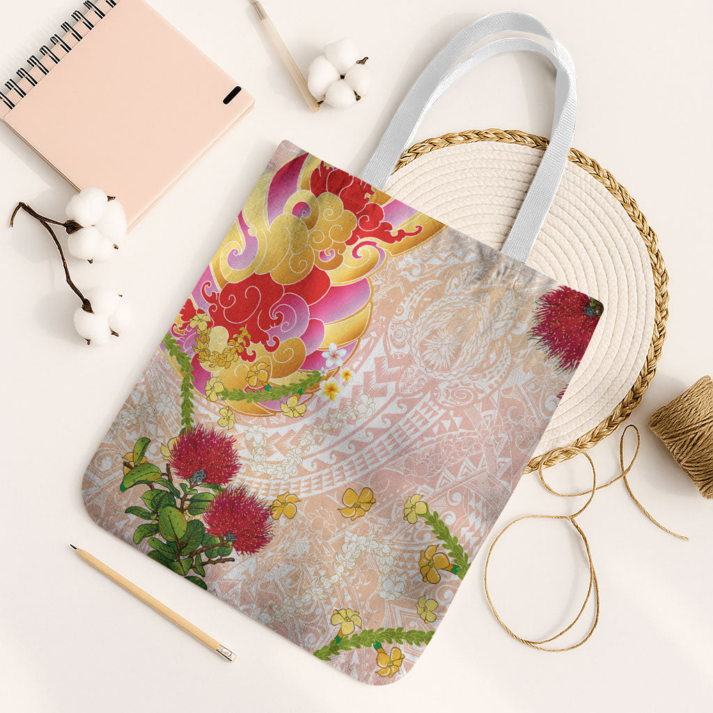 Japanese and Hawaiian Culture Fusion Tote Bag Irezumi with Turtles and Lei Kakau Pattern Sunset Vibe