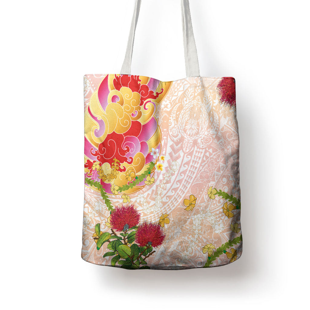 Japanese and Hawaiian Culture Fusion Tote Bag Irezumi with Turtles and Lei Kakau Pattern Sunset Vibe