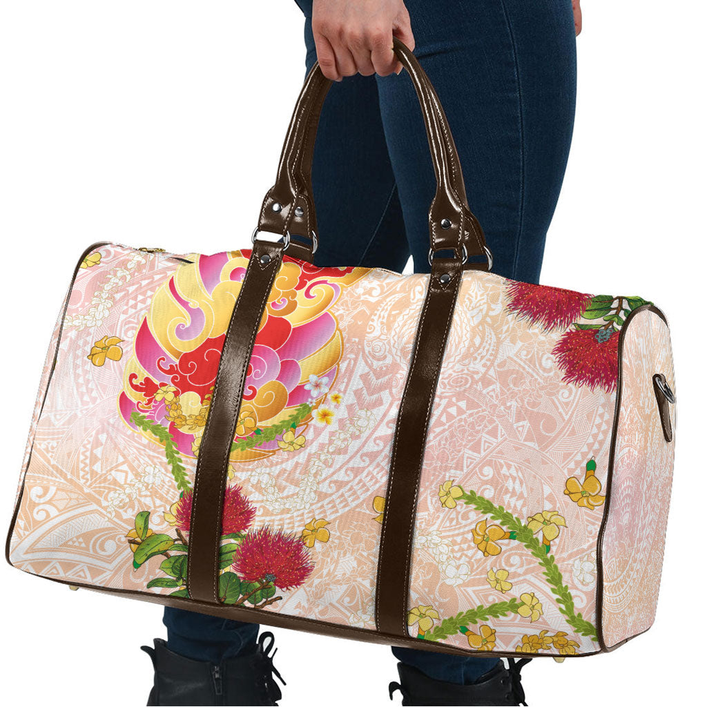 Japanese and Hawaiian Culture Fusion Travel Bag Irezumi with Turtles and Lei Kakau Pattern Sunset Vibe