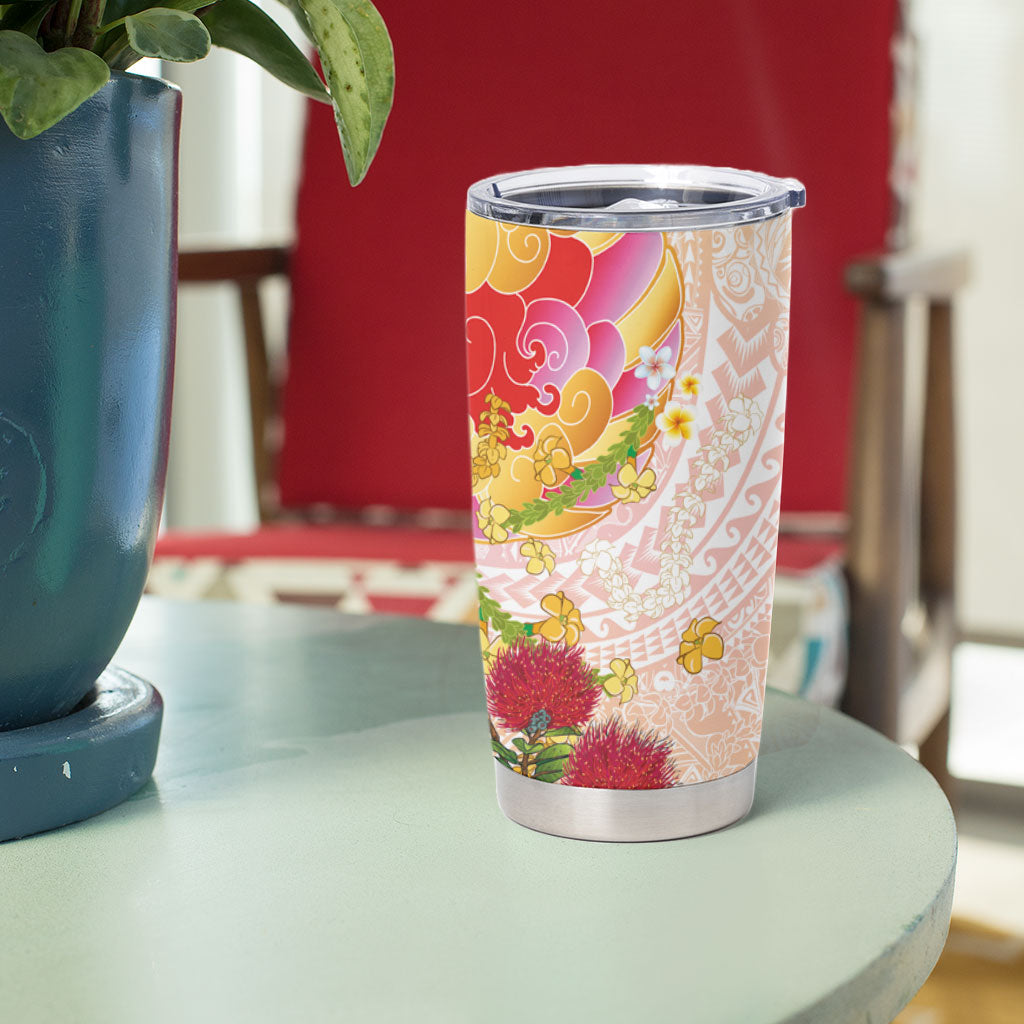 Japanese and Hawaiian Culture Fusion Tumbler Cup Irezumi with Turtles and Lei Kakau Pattern Sunset Vibe