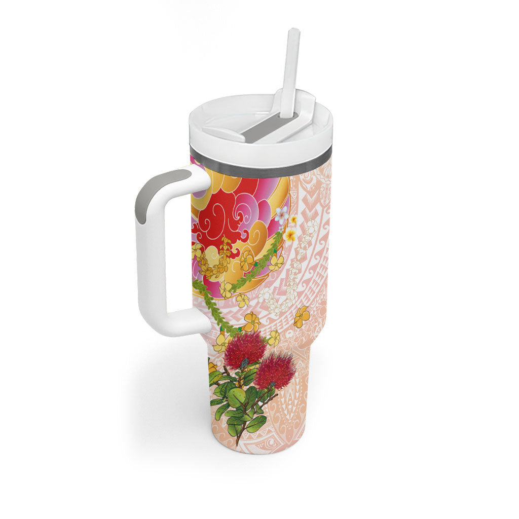 Japanese and Hawaiian Culture Fusion Tumbler With Handle Irezumi with Turtles and Lei Kakau Pattern Sunset Vibe