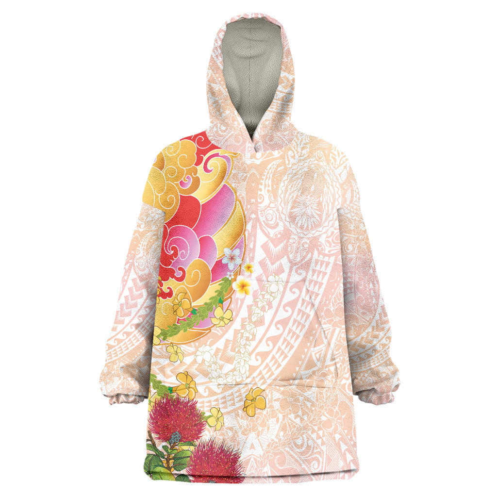 Japanese and Hawaiian Culture Fusion Wearable Blanket Hoodie Irezumi with Turtles and Lei Kakau Pattern Sunset Vibe