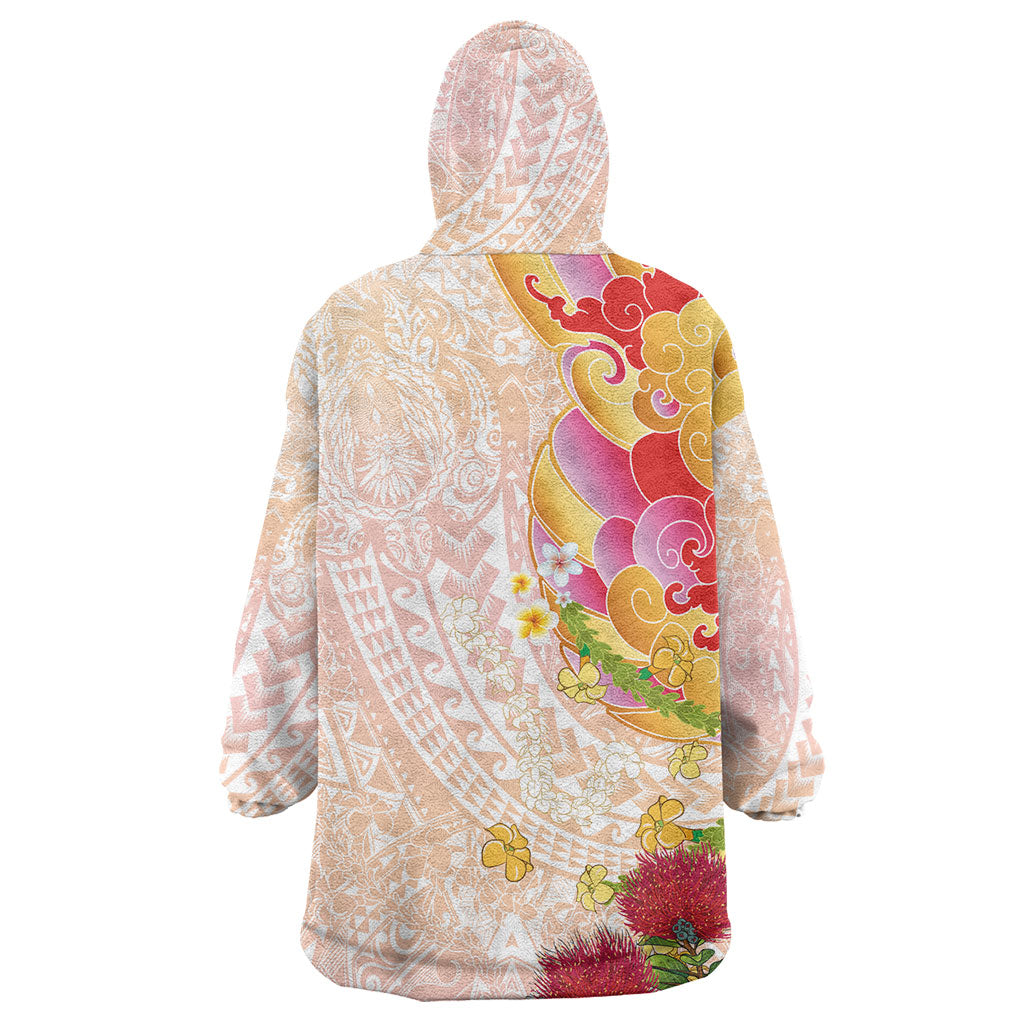Japanese and Hawaiian Culture Fusion Wearable Blanket Hoodie Irezumi with Turtles and Lei Kakau Pattern Sunset Vibe