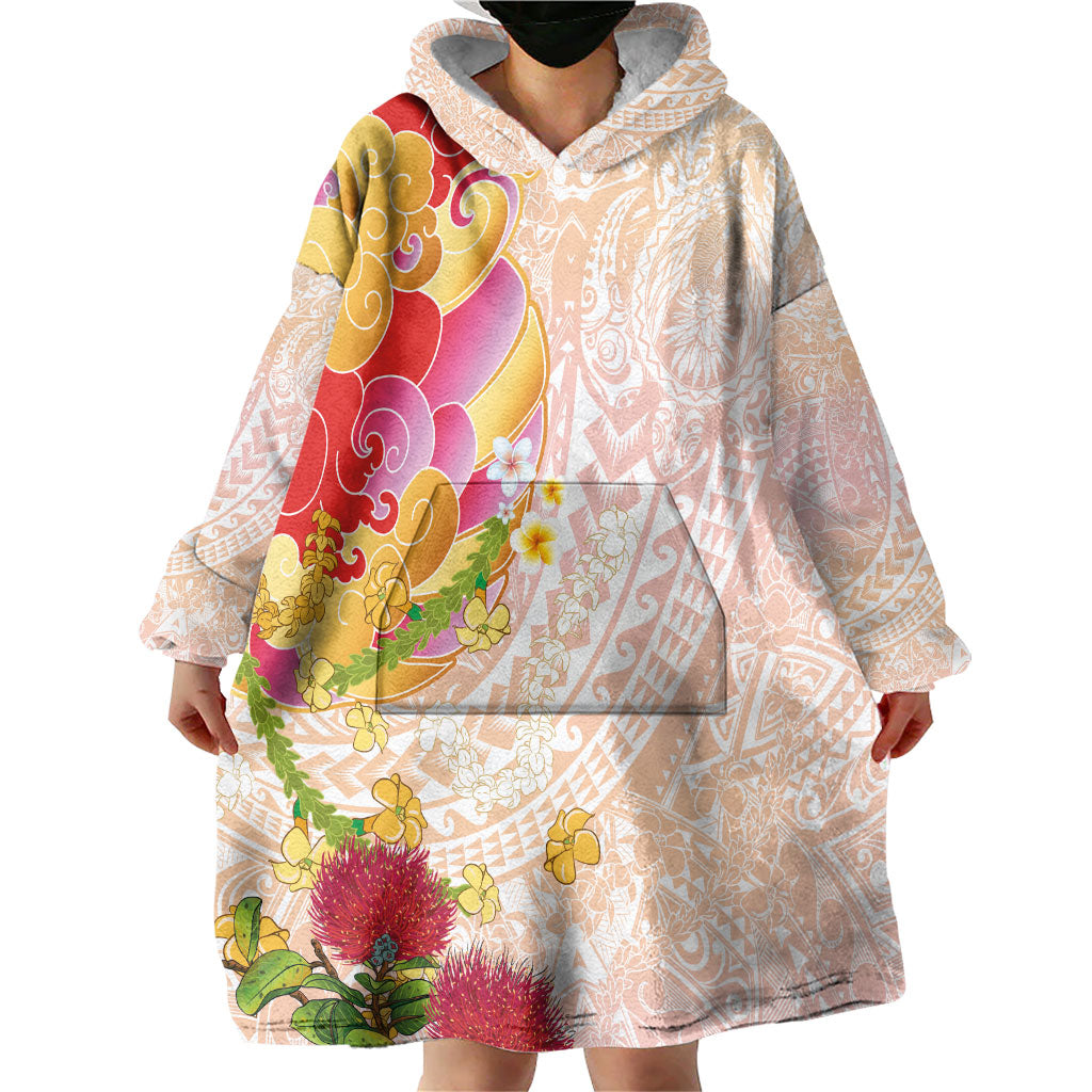Japanese and Hawaiian Culture Fusion Wearable Blanket Hoodie Irezumi with Turtles and Lei Kakau Pattern Sunset Vibe