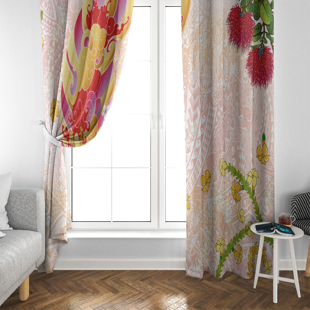 Japanese and Hawaiian Culture Fusion Window Curtain Irezumi with Turtles and Lei Kakau Pattern Sunset Vibe