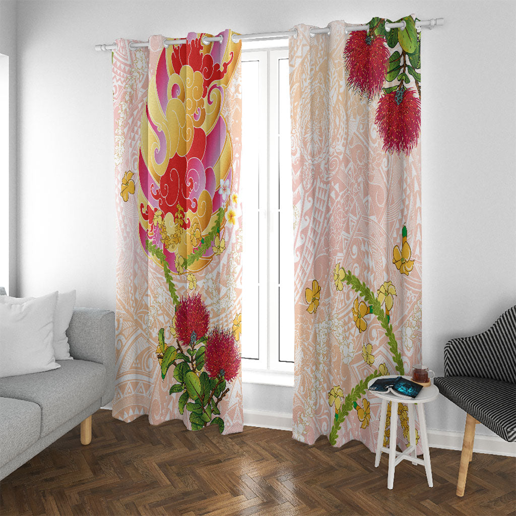 Japanese and Hawaiian Culture Fusion Window Curtain Irezumi with Turtles and Lei Kakau Pattern Sunset Vibe